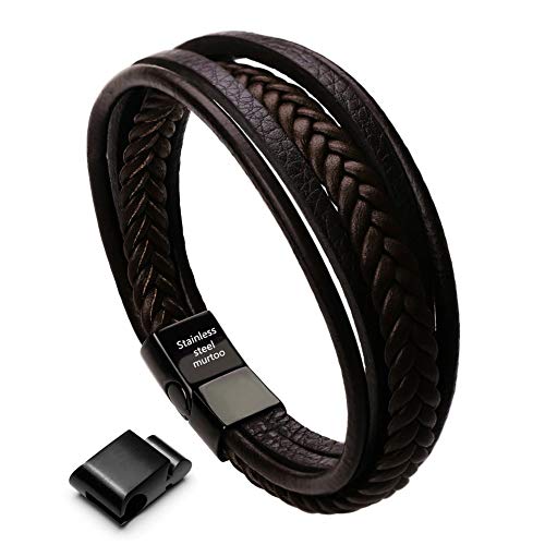 murtoo Mens Leather Bracelet with Clasp Cowhide Multi-Layer Braided Leather Mens Bracelet - Image 1