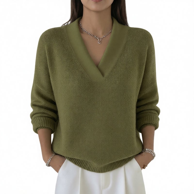 Women's Knit V-Neck Loose Sweater Casual Long Sleeve Pullover - Image 5