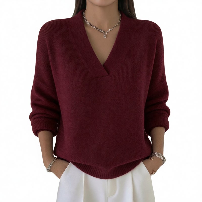 Women's Knit V-Neck Loose Sweater Casual Long Sleeve Pullover - Image 2