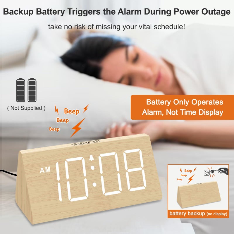 DreamSky Wooden Digital Alarm Clocks for Bedrooms - Electric Desk Clock with Large Numbers, USB Port, Loud Alarm for Heavy Sleepers, Adjustable Volume, Dimmer, Snooze, DST, Wood DÃ©cor, Adapter Powered - Image 3
