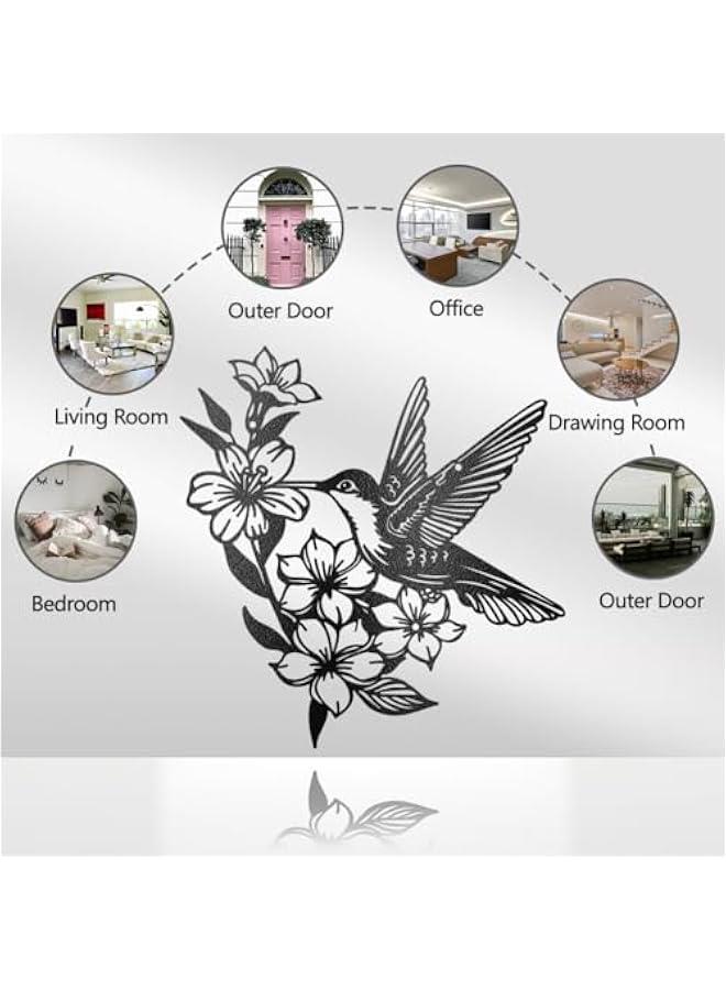Bird Flowers Iron Wall Art Decorations, Black Metal Wall Art Decor Bird Flying on Flower Pattern Wall Sculptures for Home Kitchen Bedroom Living Room Office Outdoor Indoor Decoration