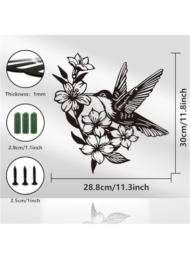 Bird Flowers Iron Wall Art Decorations, Black Metal Wall Art Decor Bird Flying on Flower Pattern Wall Sculptures for Home Kitchen Bedroom Living Room Office Outdoor Indoor Decoration