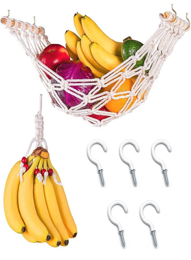 Uenede 1Set Cotton Material Hanging Fruit Hammock and a Net Rope for Hanging Bananas with 2 Hooks Vegetable Net Bag Can be Installed Under the Cabinet to Save Space - Image 1
