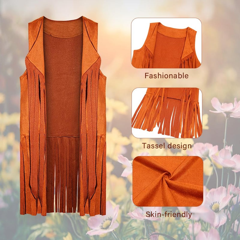 Cuteshower Girl Hippie Costume 70s 60s Hippie Outfits for Girls Halloween Cosplay Party (Brown, 8-9 Years) - Image 2
