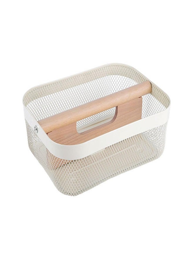 AJIODA Metal Mesh Steel Storage Basket, Garden Harvest Wire Organizer Basket Multi-functional Kitchen Fruit Basket with Wooden Removable Partition & Handle for Bath Picnic Decor Cabinet, Cream White - Image 1