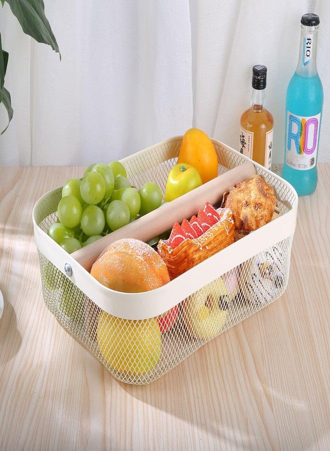 AJIODA Metal Mesh Steel Storage Basket, Garden Harvest Wire Organizer Basket Multi-functional Kitchen Fruit Basket with Wooden Removable Partition & Handle for Bath Picnic Decor Cabinet, Cream White - Image 2