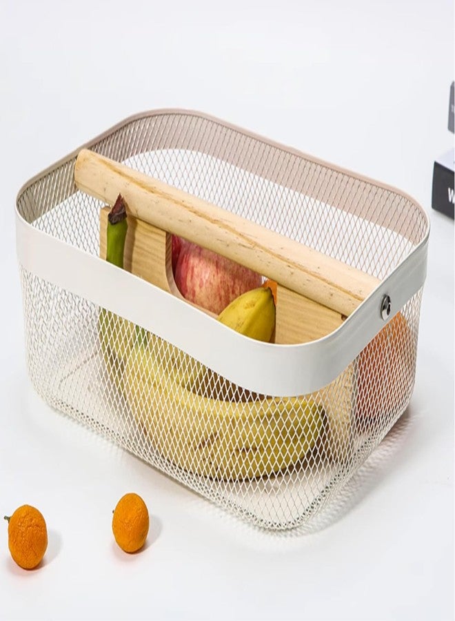 AJIODA Metal Mesh Steel Storage Basket, Garden Harvest Wire Organizer Basket Multi-functional Kitchen Fruit Basket with Wooden Removable Partition & Handle for Bath Picnic Decor Cabinet, Cream White - Image 4
