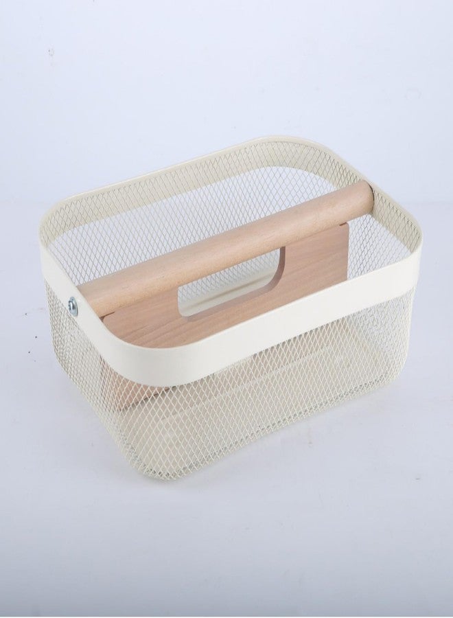 AJIODA Metal Mesh Steel Storage Basket, Garden Harvest Wire Organizer Basket Multi-functional Kitchen Fruit Basket with Wooden Removable Partition & Handle for Bath Picnic Decor Cabinet, Cream White - Image 5