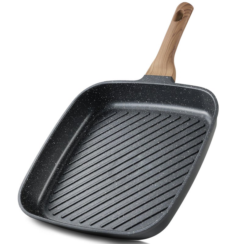 CAROTE 11 Inch Nonstick Grill Pan for Steak - Premium Granite Nonstick Coating, Square Grill Skillet, Indoor Outdoor RV Camping Use, Gas & Induction Safe, All Stovetops Compatible, PFOA Free, Black - Image 1