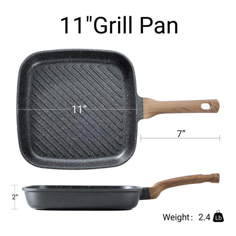 CAROTE 11 Inch Nonstick Grill Pan for Steak - Premium Granite Nonstick Coating, Square Grill Skillet, Indoor Outdoor RV Camping Use, Gas & Induction Safe, All Stovetops Compatible, PFOA Free, Black - Image 2