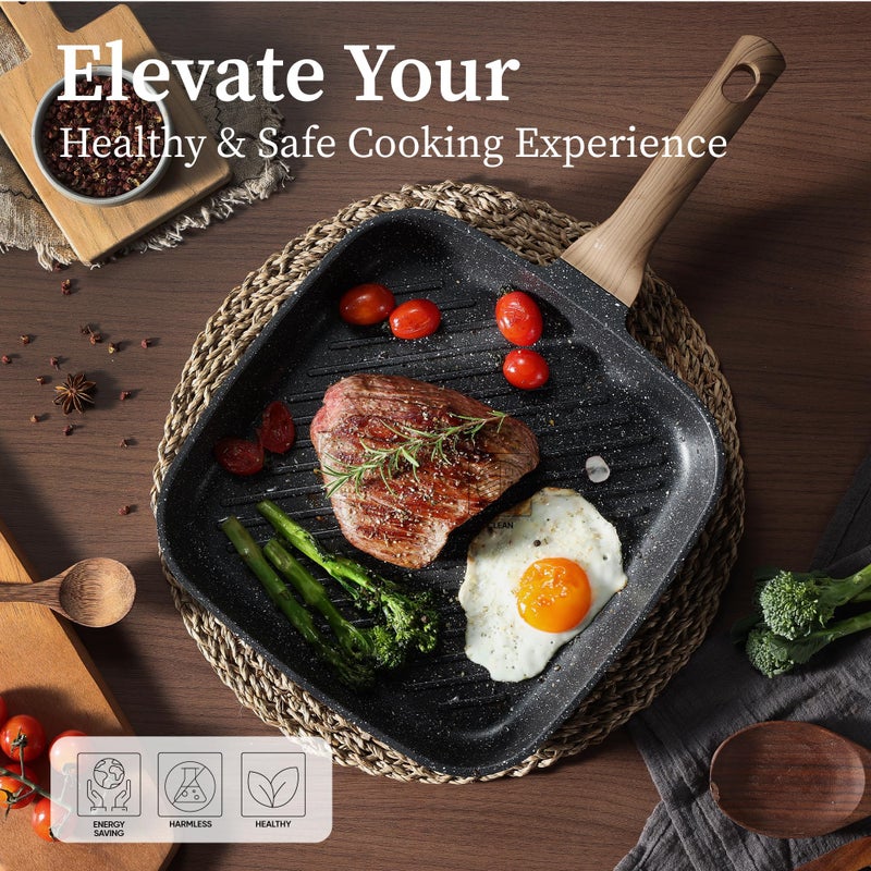 CAROTE 11 Inch Nonstick Grill Pan for Steak - Premium Granite Nonstick Coating, Square Grill Skillet, Indoor Outdoor RV Camping Use, Gas & Induction Safe, All Stovetops Compatible, PFOA Free, Black - Image 5