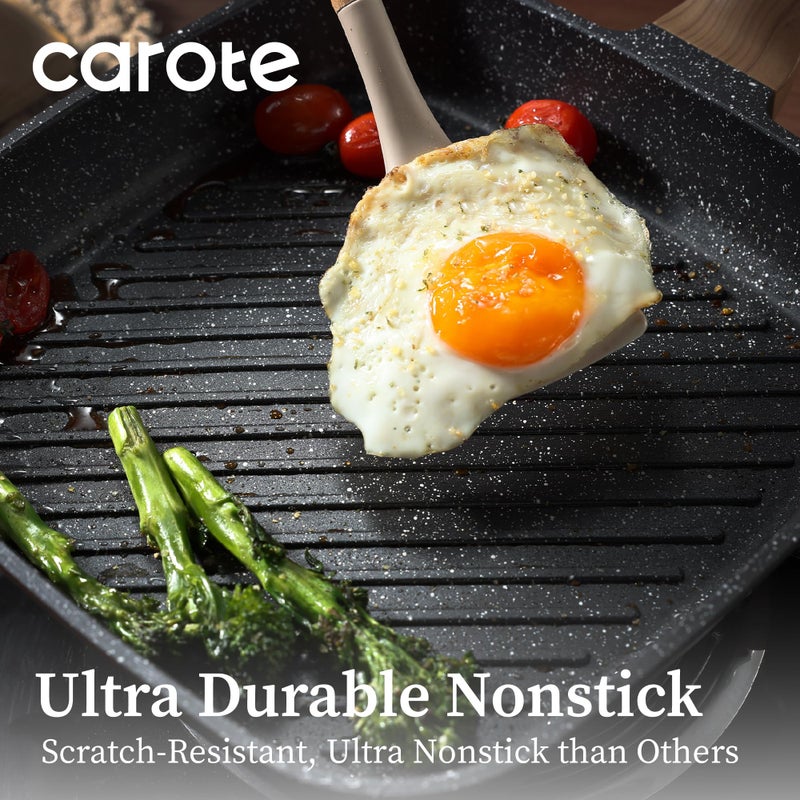 CAROTE 11 Inch Nonstick Grill Pan for Steak - Premium Granite Nonstick Coating, Square Grill Skillet, Indoor Outdoor RV Camping Use, Gas & Induction Safe, All Stovetops Compatible, PFOA Free, Black - Image 4