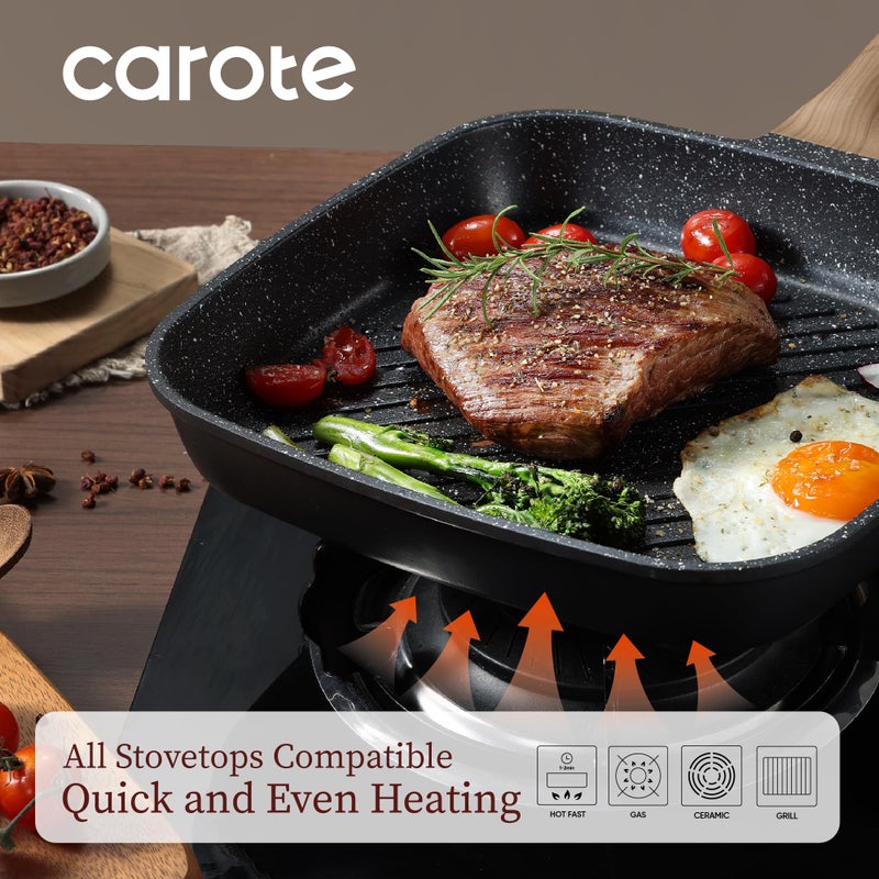 CAROTE 11 Inch Nonstick Grill Pan for Steak - Premium Granite Nonstick Coating, Square Grill Skillet, Indoor Outdoor RV Camping Use, Gas & Induction Safe, All Stovetops Compatible, PFOA Free, Black - Image 3