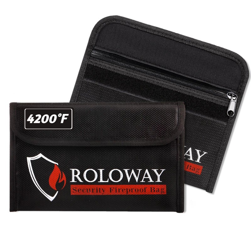 ROLOWAY Small Fireproof Bag 5 x 8 inches Nonitchy Fireproof Money Bag for Cash Valuables Passport Currency Keys 2Pack Black