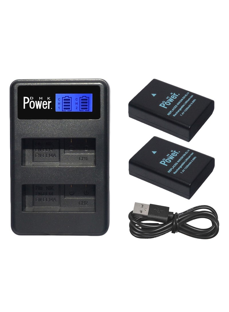 DMK Power بطارية DMK Power EN-EL14A EN-EL14 سعة 1320 مللي أمبير 2 حزمة مع شاحن TC-USB2 II متوافق مع نيكون D3100 D3200 D3300 D3400 D3500 D5100 وغيرها - Image 1