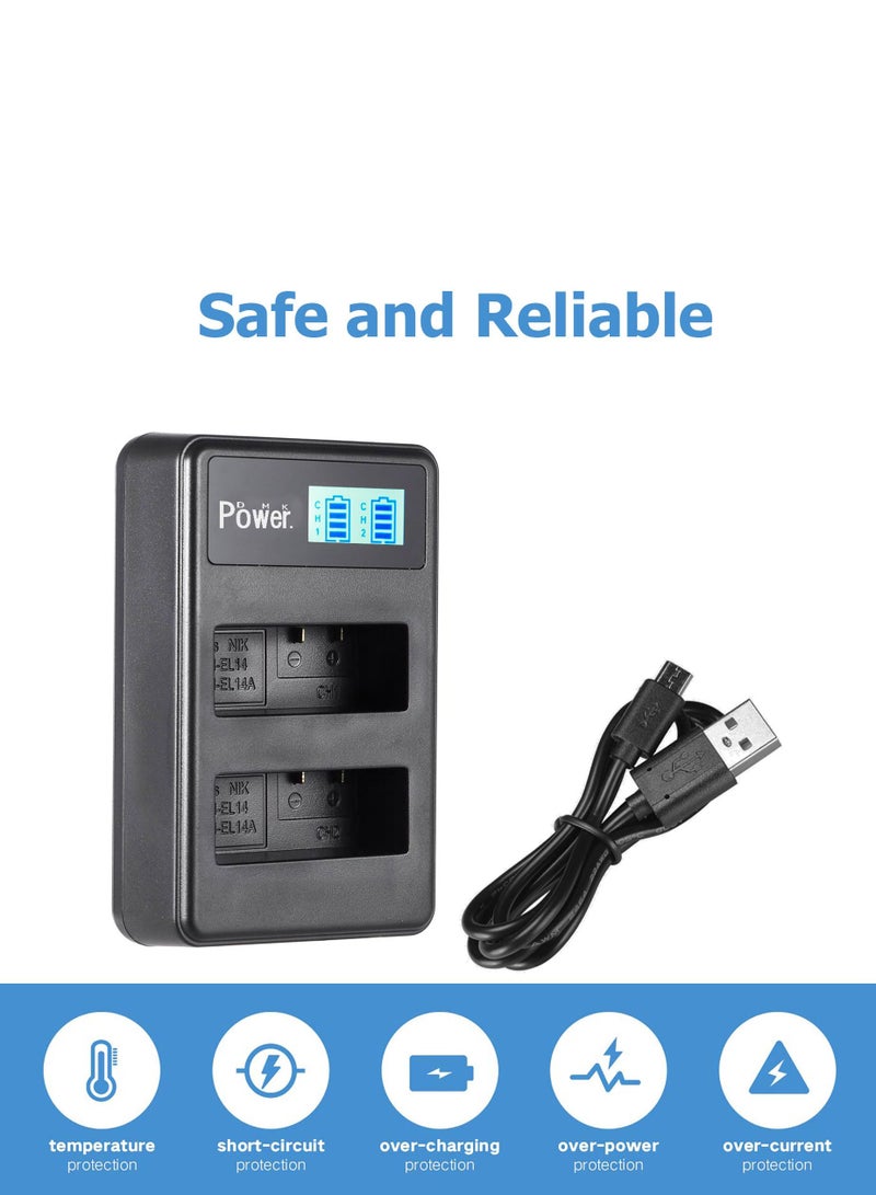 DMK Power بطارية DMK Power EN-EL14A EN-EL14 سعة 1320 مللي أمبير 2 حزمة مع شاحن TC-USB2 II متوافق مع نيكون D3100 D3200 D3300 D3400 D3500 D5100 وغيرها - Image 4