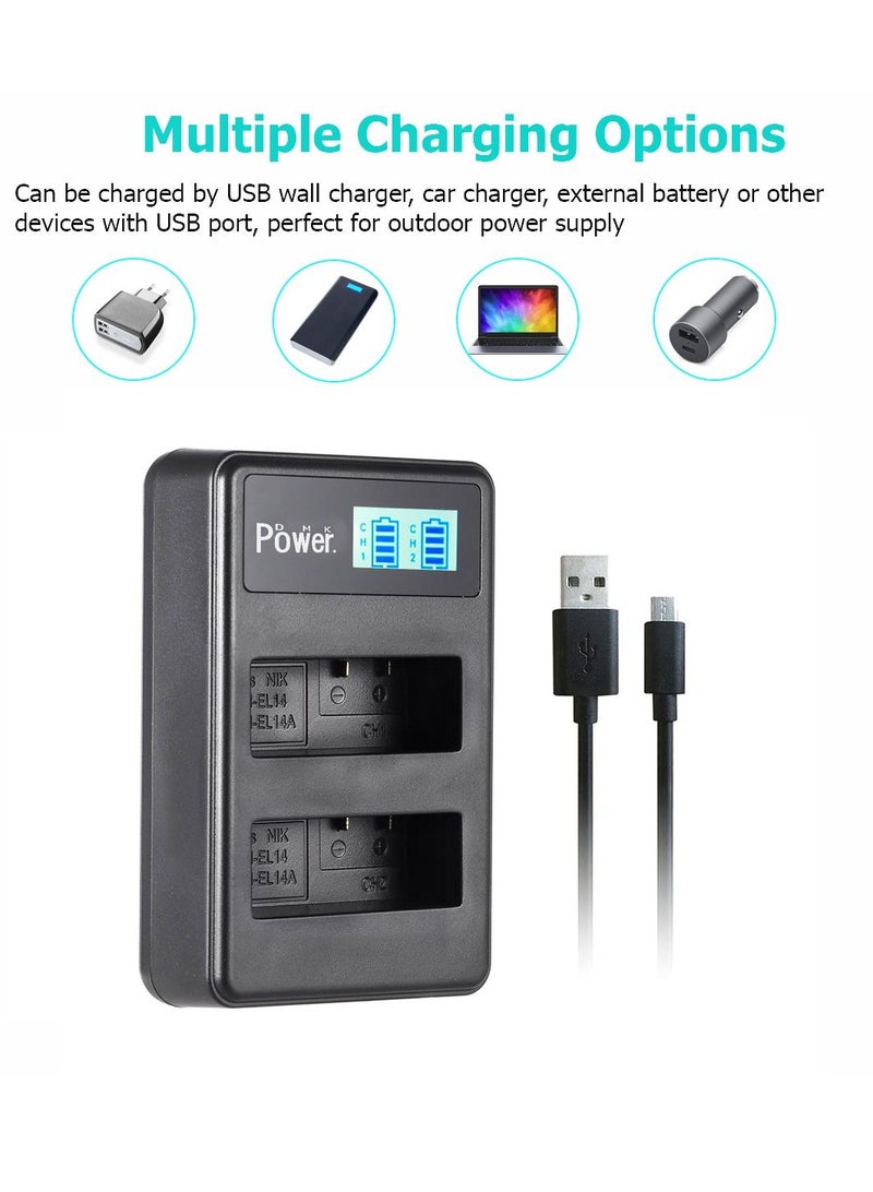 DMK Power بطارية DMK Power EN-EL14A EN-EL14 سعة 1320 مللي أمبير 2 حزمة مع شاحن TC-USB2 II متوافق مع نيكون D3100 D3200 D3300 D3400 D3500 D5100 وغيرها - Image 3