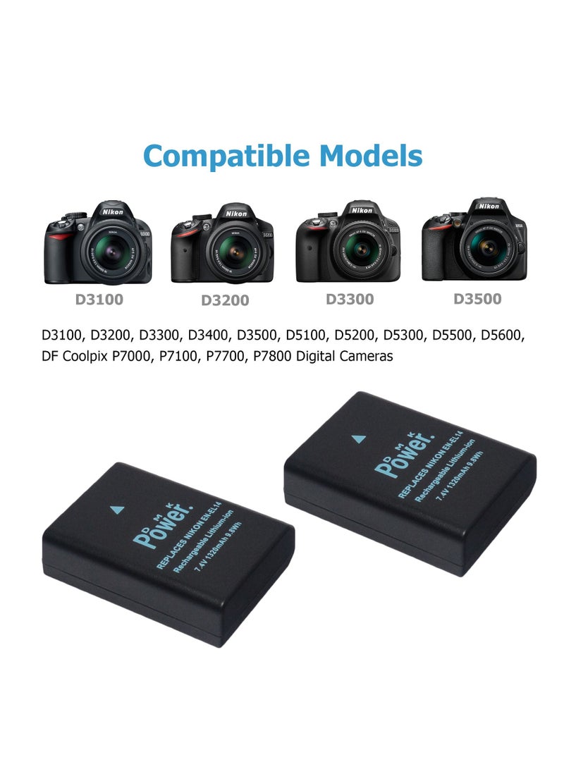 DMK Power بطارية DMK Power EN-EL14A EN-EL14 سعة 1320 مللي أمبير 2 حزمة مع شاحن TC-USB2 II متوافق مع نيكون D3100 D3200 D3300 D3400 D3500 D5100 وغيرها - Image 2