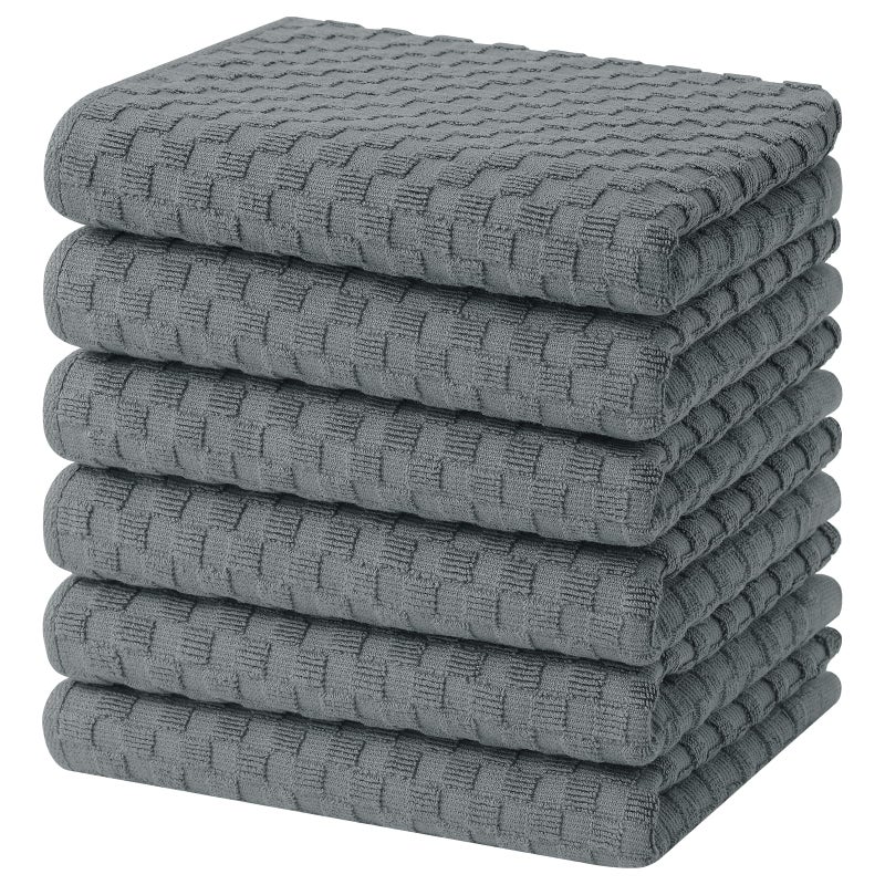 Homaxy 100% Cotton Terry Kitchen Towels(15" x 25", 6 Pack), Soft and Super Absorbent Dish Towels, 380 GSM Reusable Tea Towel with Hanging Loop, Pineapple Grid Designed, Dark Grey - Image 1
