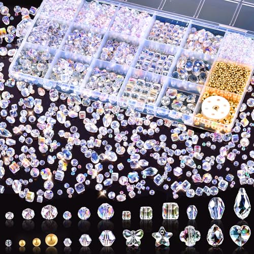 Zefy 2000+ Pcs Crystal Glass Beads for Jewelry Making, 24 Styles 3-15mm Assorted Faceted Craft Bead Kit for DIY Bracelet Necklace Earring Suncatcher (Clear AB Color) - Image 1