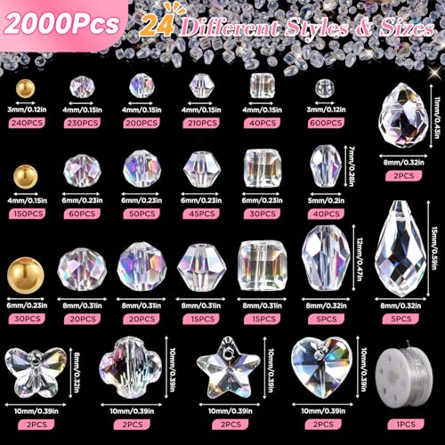 Zefy 2000+ Pcs Crystal Glass Beads for Jewelry Making, 24 Styles 3-15mm Assorted Faceted Craft Bead Kit for DIY Bracelet Necklace Earring Suncatcher (Clear AB Color) - Image 2