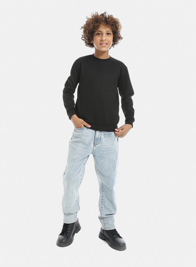 Andora Round Collar Fleeced Self Patterened Plain Pullover - Black - Image 5