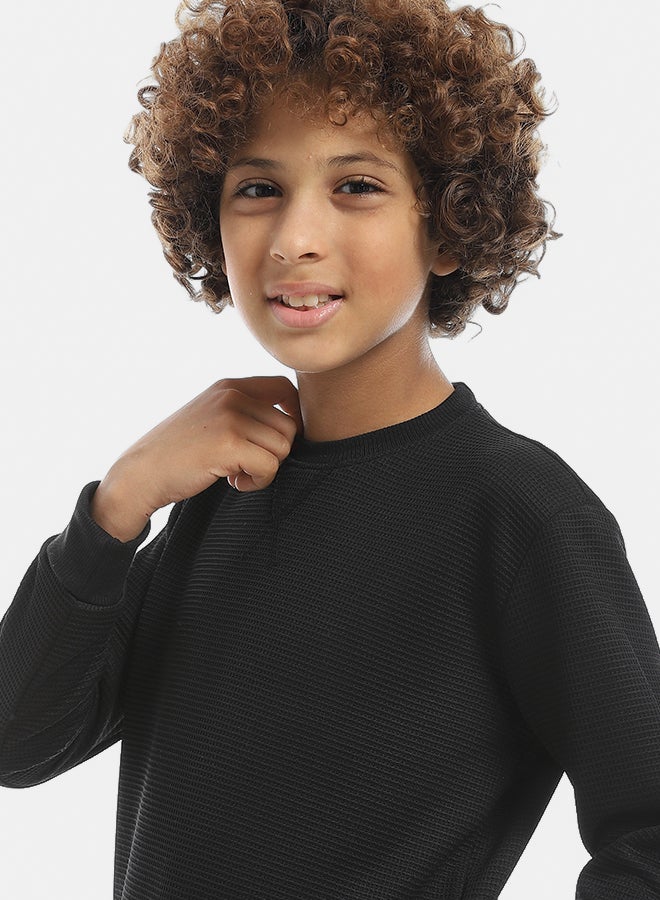 Andora Round Collar Fleeced Self Patterened Plain Pullover - Black - Image 4