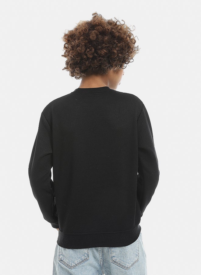 Andora Round Collar Fleeced Self Patterened Plain Pullover - Black - Image 3