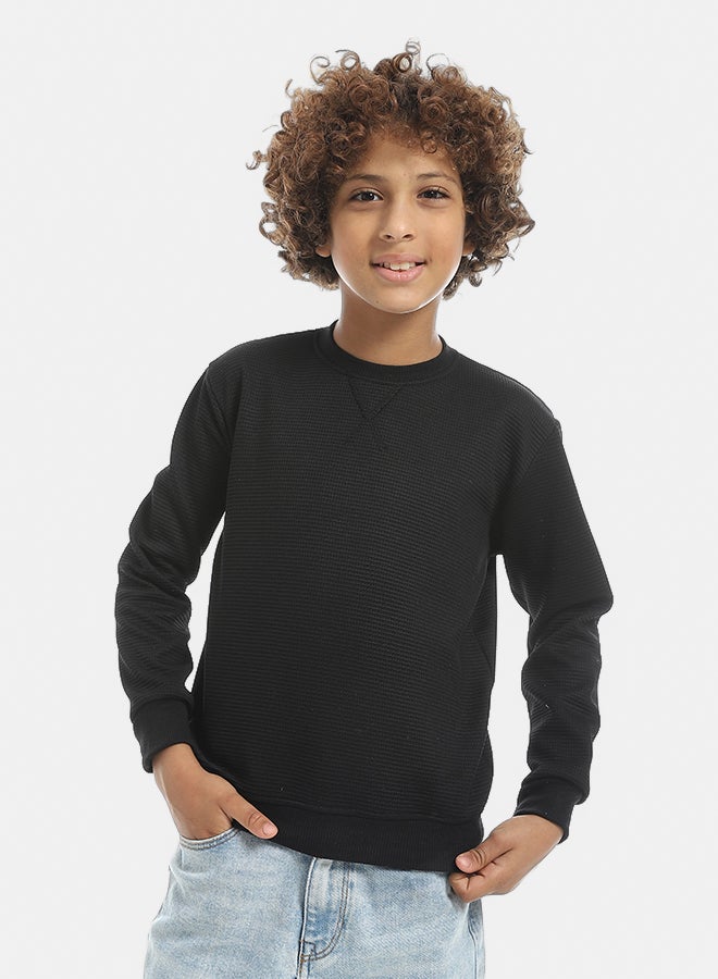Andora Round Collar Fleeced Self Patterened Plain Pullover - Black - Image 1