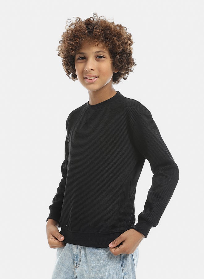 Andora Round Collar Fleeced Self Patterened Plain Pullover - Black - Image 2