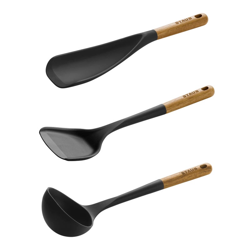 Staub Silicone with Wood Handle Cooking Utensil Set, Matte Black, 3-pc - Image 3