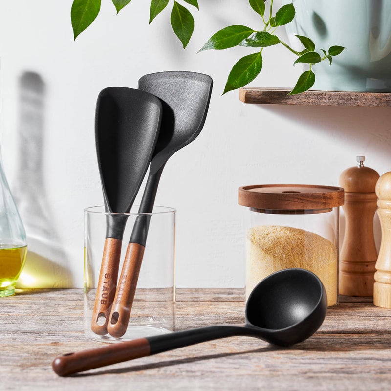 Staub Silicone with Wood Handle Cooking Utensil Set, Matte Black, 3-pc - Image 2