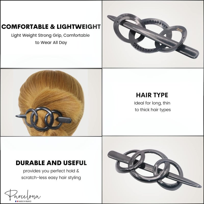 Parcelona French Triple Ringed 3.5" Celluloid Hair Slider Pin Thru Holder Barrette Non Slip Ponytail Women Hair Accessories Barrette with Stick for Girls, Made in France (Glossy Black) - Image 2