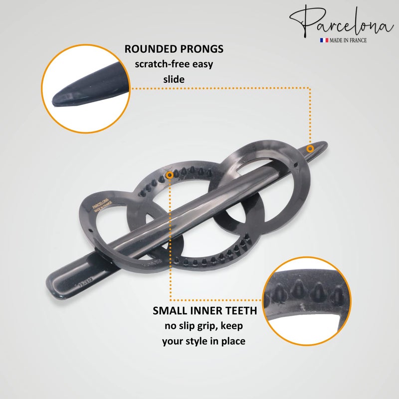 Parcelona French Triple Ringed 3.5" Celluloid Hair Slider Pin Thru Holder Barrette Non Slip Ponytail Women Hair Accessories Barrette with Stick for Girls, Made in France (Glossy Black) - Image 3