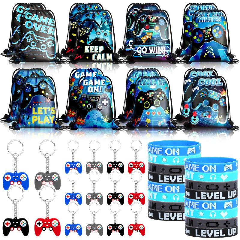 Wayyogh 48pcs Video Game Party Supplies Blue Black Video Game Party Goodie Bags Bulk with Drawstring BraceletsVideo Game Controller Keychains Bracelets Wristbands for Boys Girls Kids Gamer Birthday - Image 2
