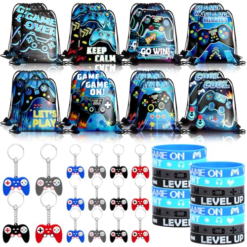 Wayyogh 48pcs Video Game Party Supplies Blue Black Video Game Party Goodie Bags Bulk with Drawstring BraceletsVideo Game Controller Keychains Bracelets Wristbands for Boys Girls Kids Gamer Birthday - Image 1