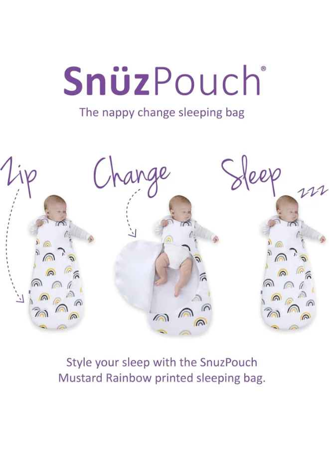 Snuz Pouch Sleeping Bag For Infant And Baby 2.5 Tog Clever Nappy Change Zip Material 100% Cotton For Temperatures Within 16 - 20 Celsius Suitable From 0 - 6Months Max.Length 68 Cm - Mustard Rainbow
