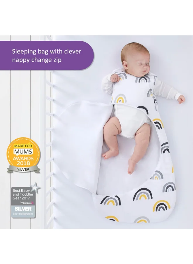 Snuz Pouch Sleeping Bag For Infant And Baby 2.5 Tog Clever Nappy Change Zip Material 100% Cotton For Temperatures Within 16 - 20 Celsius Suitable From 0 - 6Months Max.Length 68 Cm - Mustard Rainbow