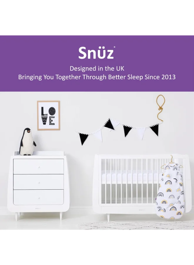 Snuz Pouch Sleeping Bag For Infant And Baby 2.5 Tog Clever Nappy Change Zip Material 100% Cotton For Temperatures Within 16 - 20 Celsius Suitable From 0 - 6Months Max.Length 68 Cm - Mustard Rainbow