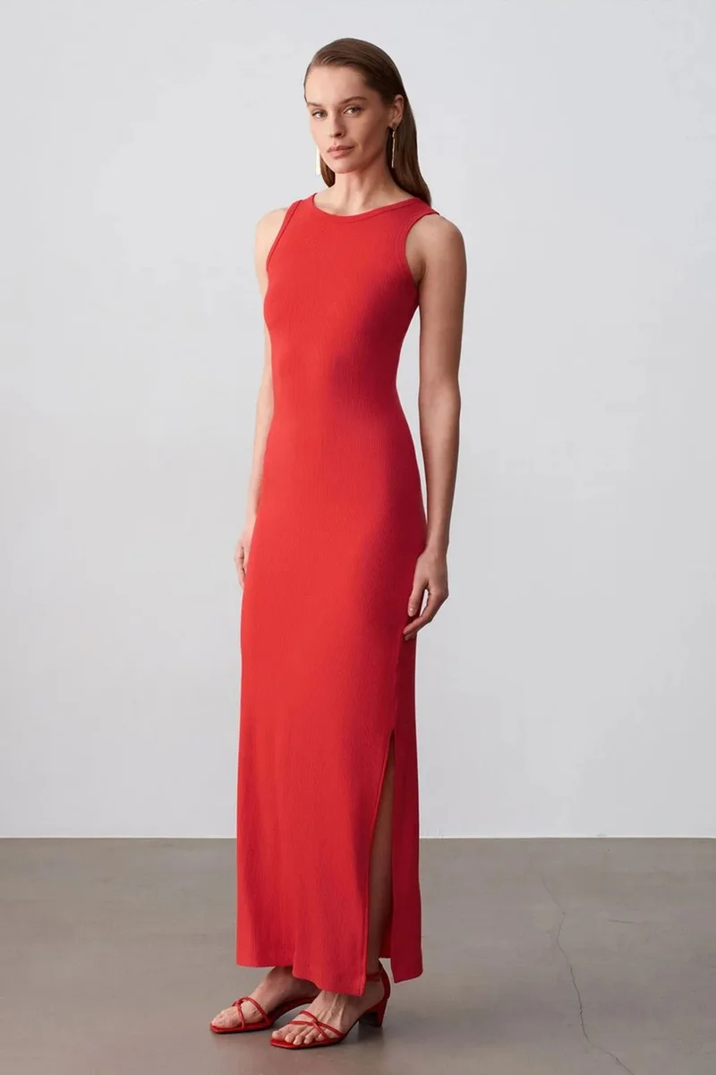 Dilvin Red DILVIN Ribbed Sleeveless Bodycon Maxi Dress for Women | Best Price UAE