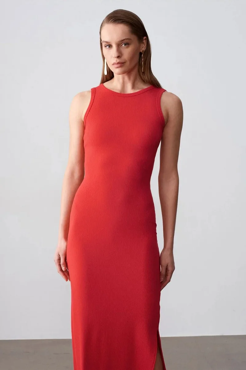 Dilvin Red DILVIN Ribbed Sleeveless Bodycon Maxi Dress for Women | Best Price UAE