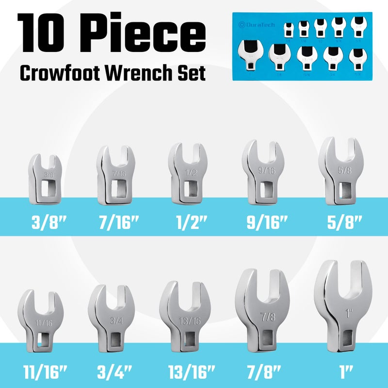 DURATECH 10-Piece 3/8" Drive Crowfoot Wrench Set, Open End Wrench Set, SAE, 3/8"-1", CR-V Steel, with EVA Foam Tool Organizer - Image 2