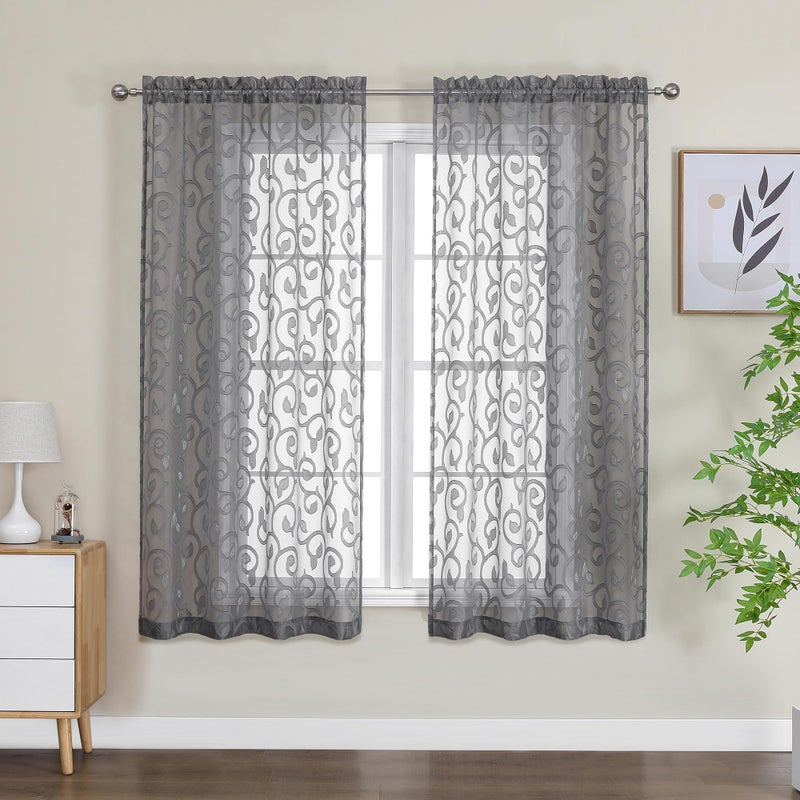OWENIE Furman Sheer Curtains 63 inch Length for Bedroom Living Room 2 Panels Set  Jacquard Clip Textured Semi Sheer Grey Curtains  Light Filtering Rod Pocket Farmhouse Window Treatments  40Wx63L inch - Image 1