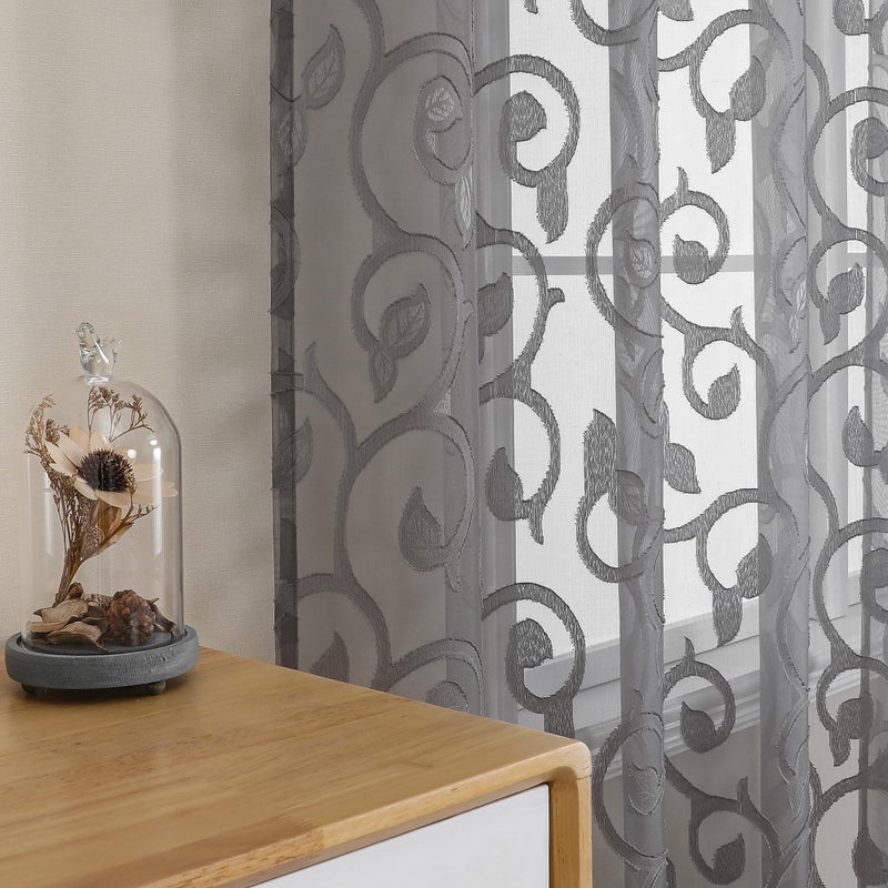 OWENIE Furman Sheer Curtains 63 inch Length for Bedroom Living Room 2 Panels Set  Jacquard Clip Textured Semi Sheer Grey Curtains  Light Filtering Rod Pocket Farmhouse Window Treatments  40Wx63L inch - Image 2