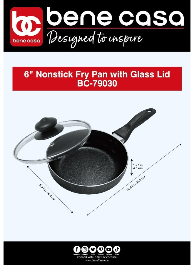 Bene Casa - Black Nonstick Aluminum Frying Pan with Glass Lid (6") - Dishwasher Safe for Easy Cleaning - Image 5