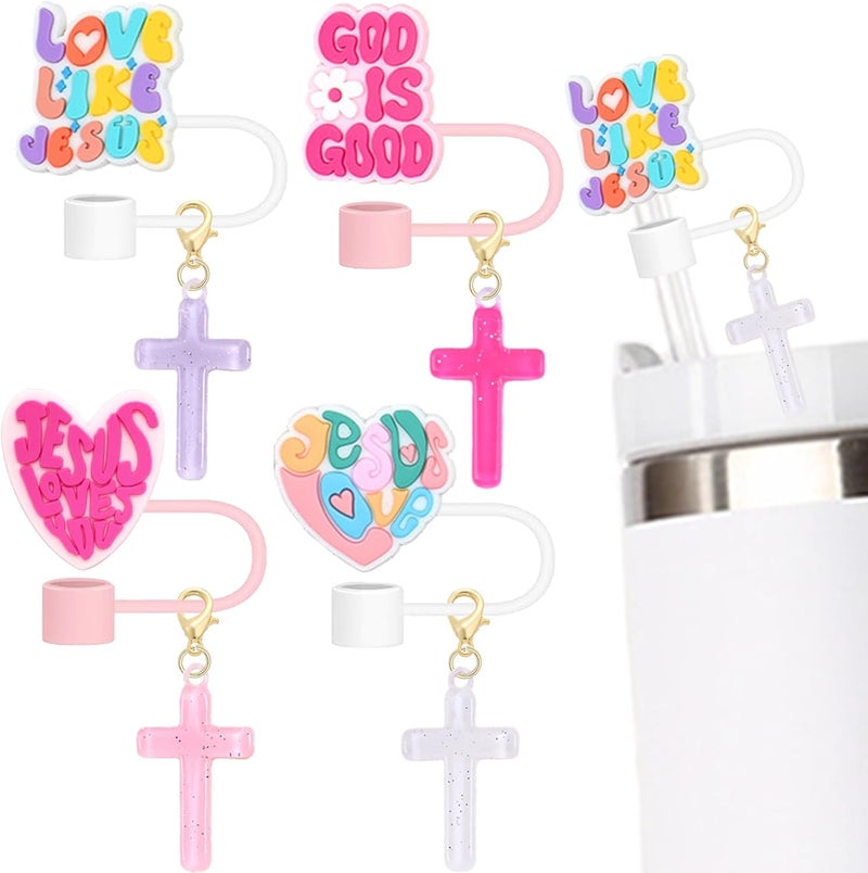 Cussom 10mm Straw Toppers Set, Pink Jenus Faith Straw Covers Cap with Clip-on Cross Charms for 30oz 40 0z Stanley Tumblers, Cute and Bling Modern Simple Tips Stanley Accessories - Image 1