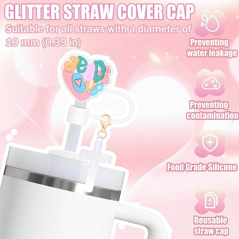 Cussom 10mm Straw Toppers Set, Pink Jenus Faith Straw Covers Cap with Clip-on Cross Charms for 30oz 40 0z Stanley Tumblers, Cute and Bling Modern Simple Tips Stanley Accessories - Image 3