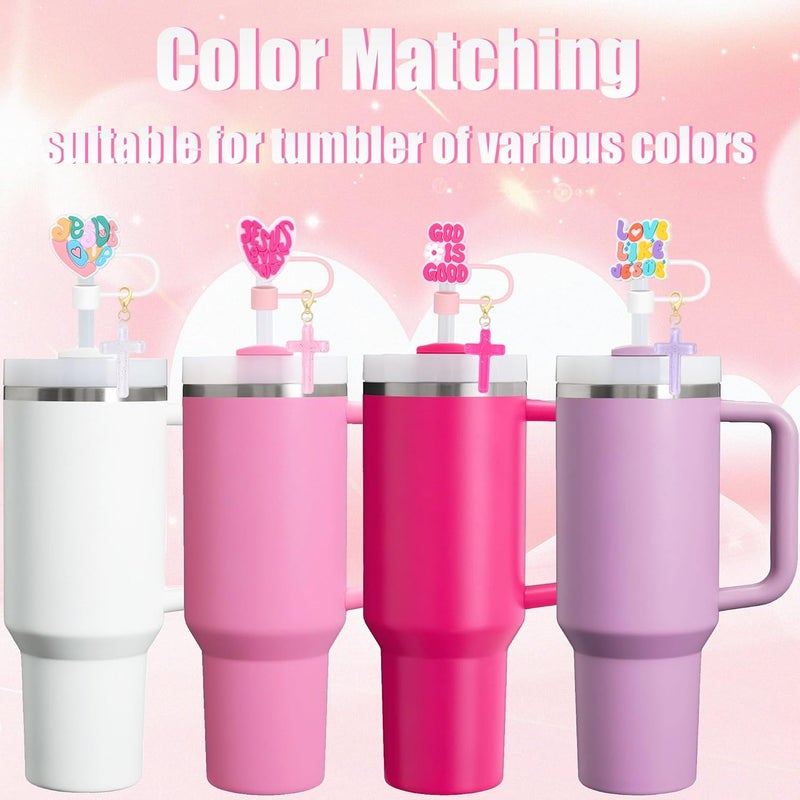 Cussom 10mm Straw Toppers Set, Pink Jenus Faith Straw Covers Cap with Clip-on Cross Charms for 30oz 40 0z Stanley Tumblers, Cute and Bling Modern Simple Tips Stanley Accessories - Image 2