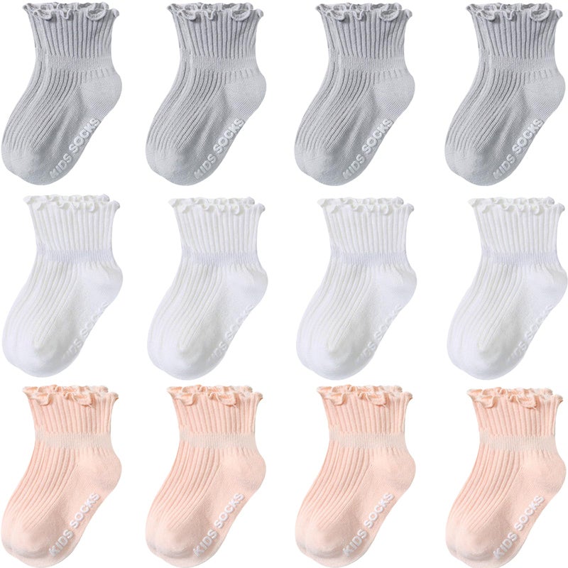 Aroveea Baby Toddler Girls Socks Grip Ruffle Non Slip Girls Cotton 12 Pack Socks for 3-5T Kids Cute Ankle 6M-7Years, Mix Frilly, 3-5 years - Image 1