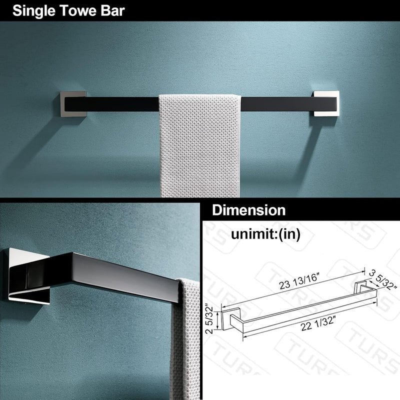 TURS 5-Piece Bathroom Hardware Set Matte Black and Polished Chrome Towel Bar Holder Set Hand Towel Holder Toilet Paper Holder and 2 Towel Hooks,Stainless Steel Wall Mounted - Image 5
